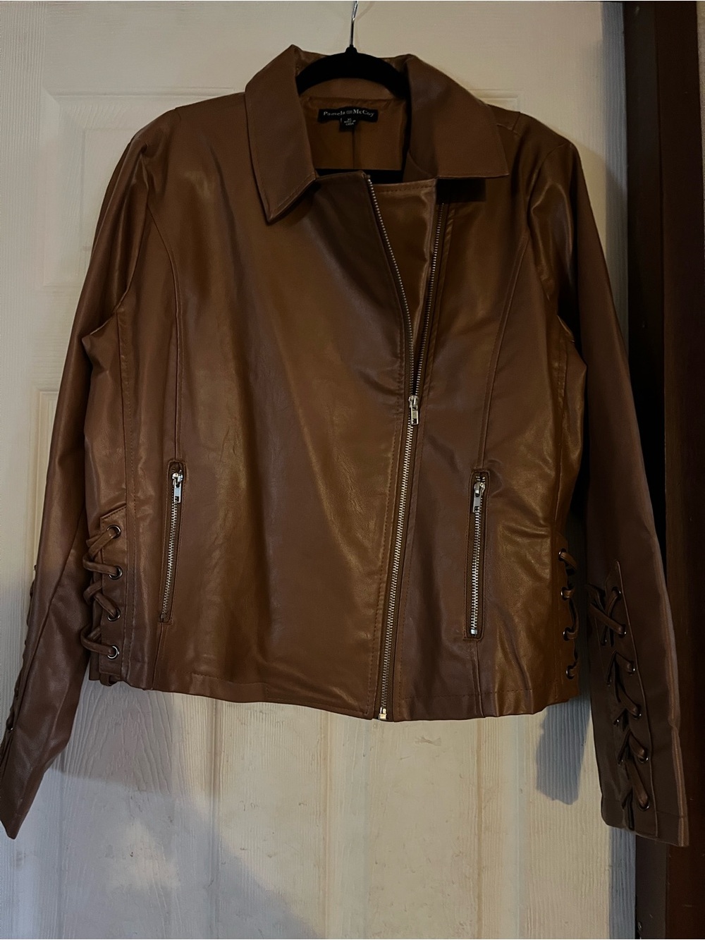 Pamela McCoy Brown Faux-Leather Lace-Up Moto Jacket XL - Like New
